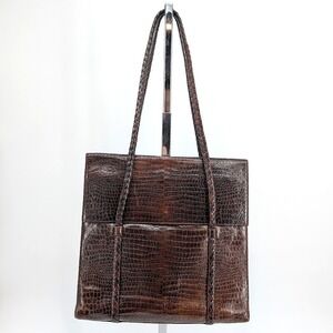 Bally Vintage Brown Croc Embossed Leather Tote Braided Strap Italy